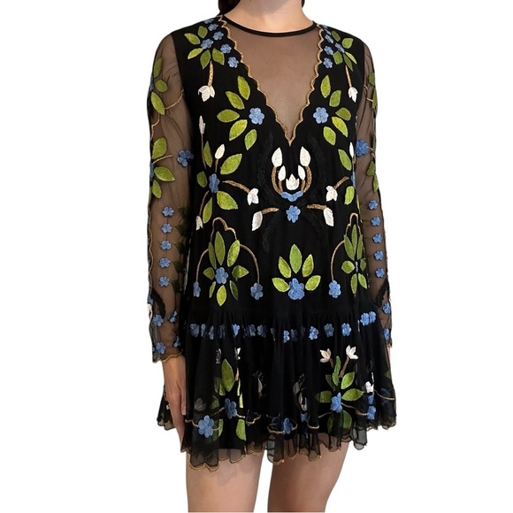 Free People Mini Dress Black Mesh Embroidered Boho Long Sleeve Size Extra Small - Picture 3 of 10